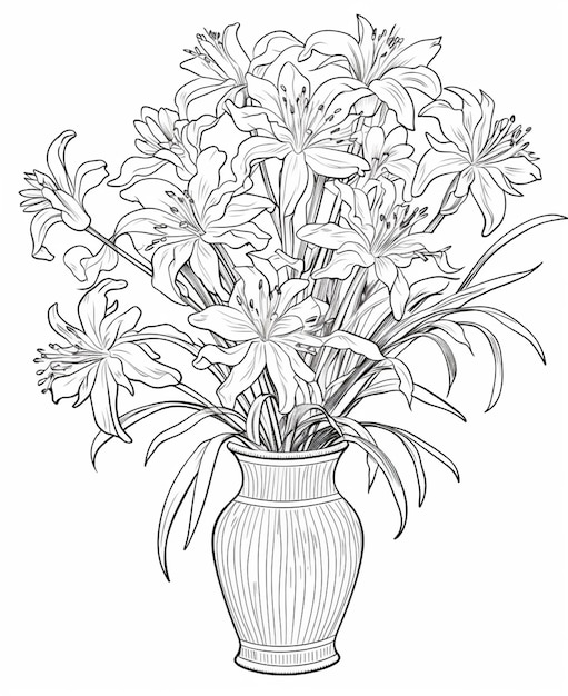 Un dessin d'un vase avec des fleurs sur un fond blanc