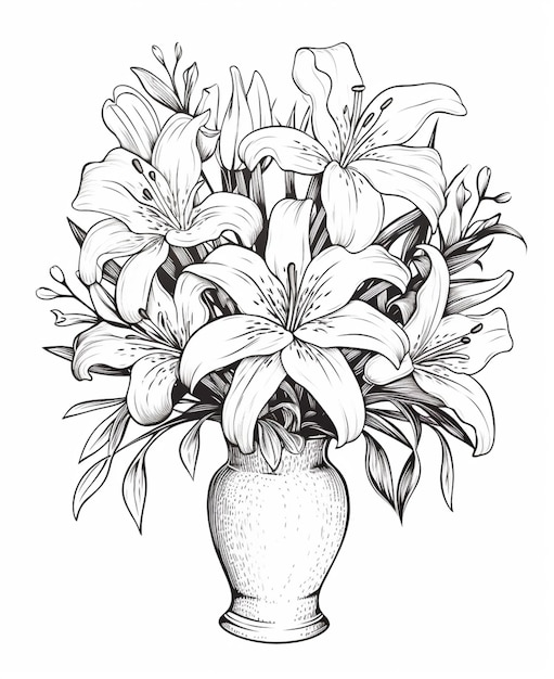 Un dessin d'un vase avec des fleurs sur un fond blanc