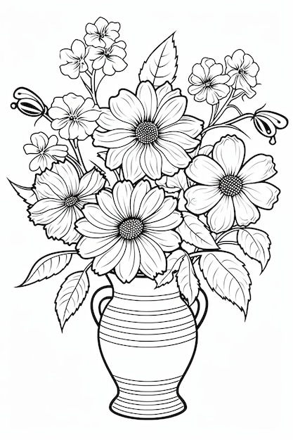 Un dessin d'un vase de fleurs avec un papillon sur le fond.