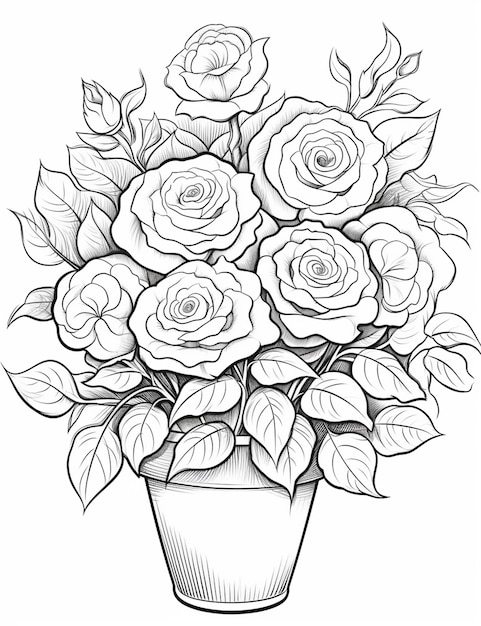 un dessin d'un vase avec des roses dedans IA générative