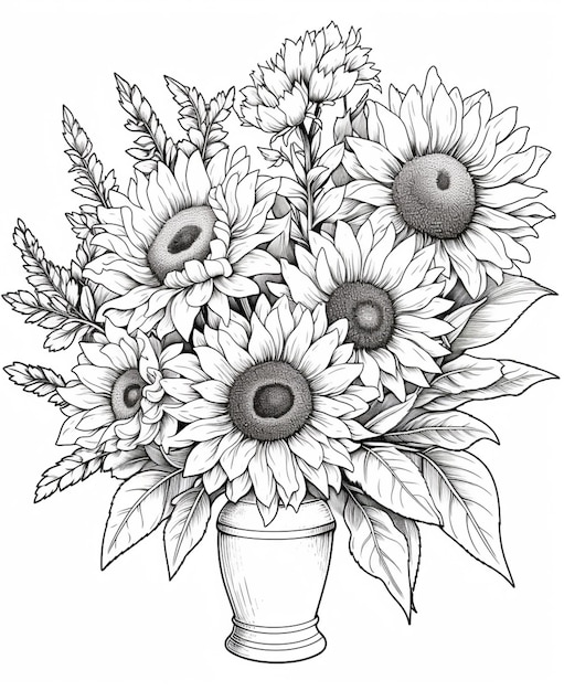 Un dessin d'un vase avec des tournesols à l'intérieur