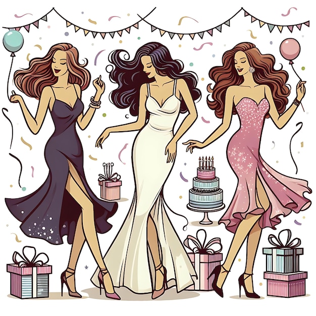 Photo un dessin vectoriel de femmes avec un chapeau de fête et un gâteau avec une boîte de cadeaux