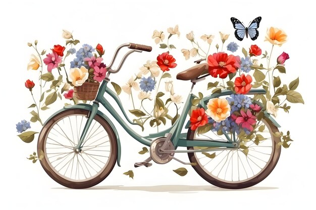 dessin d'un vélo avec des fleurs et des papillons