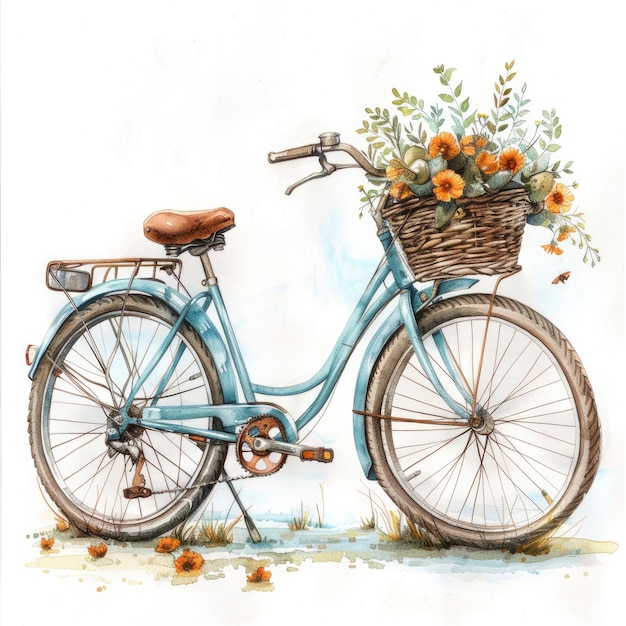 un dessin d'un vélo avec un panier de fleurs dedans