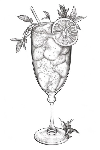 Photo un dessin d'un verre d'eau avec de la glace et des tranches de citron