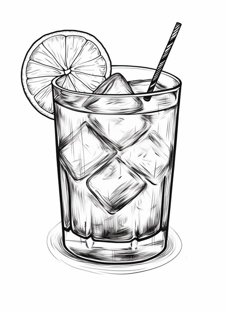 un dessin d'un verre d'eau glacée avec une tranche de citron génératif ai