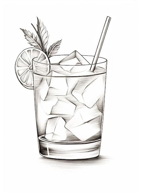 dessin d'un verre d'eau glacée avec une tranche de citron et une paille générative ai