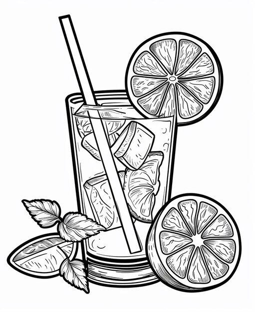 Photo un dessin d'un verre de limonade avec une paille et une tranche de citron génératif ai