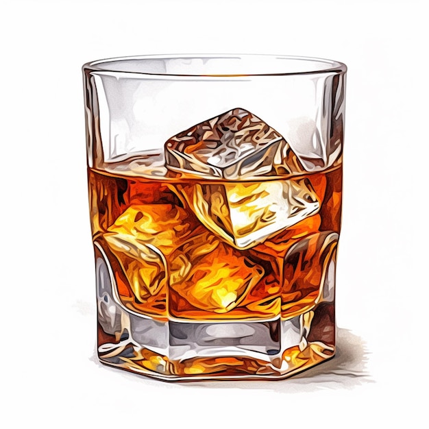 Un dessin d'un verre de whisky avec des glaçons