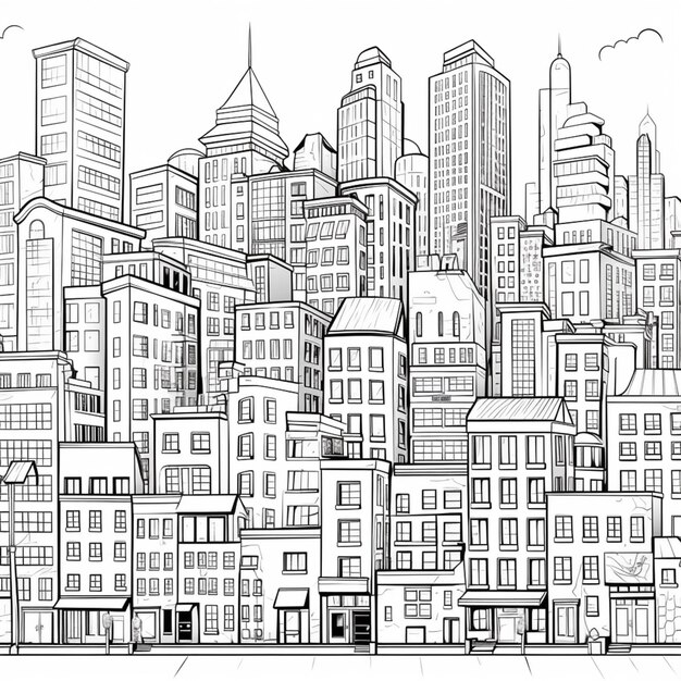 un dessin d'une ville avec de hauts bâtiments et une ligne de ciel générative ai