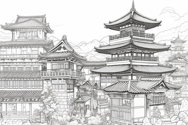 Un dessin d'une ville japonaise avec une pagode et une montagne en arrière-plan.