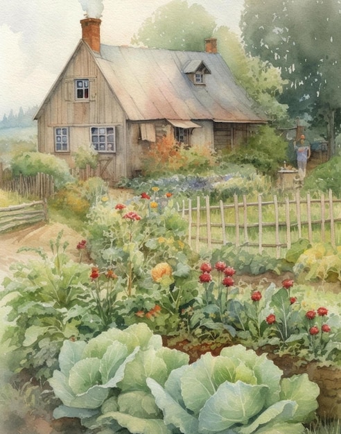 dessin vintage d'été aquarelle d'une maison d'été dans le village dans le jardin et avec un vegetabl