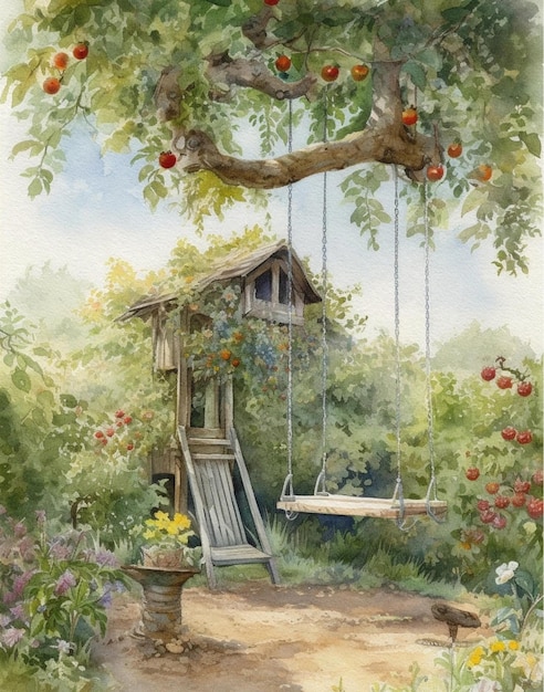 dessin vintage d'été aquarelle d'une maison d'été dans le village dans le jardin et avec un vegetabl