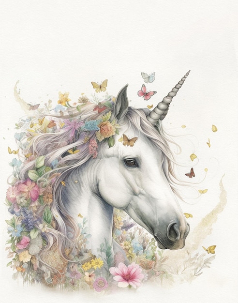 Photo dessin vintage pastel d'une licorne dans un cadre floral rond