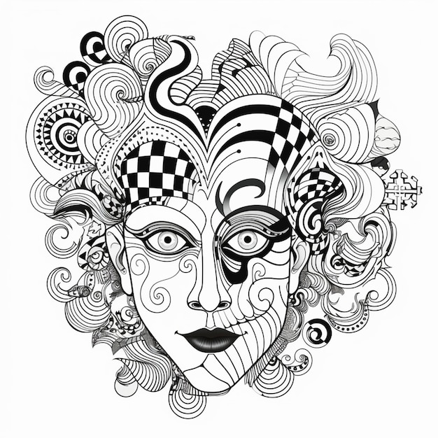 un dessin d'un visage de femme avec beaucoup de tourbillons et de motifs IA générative