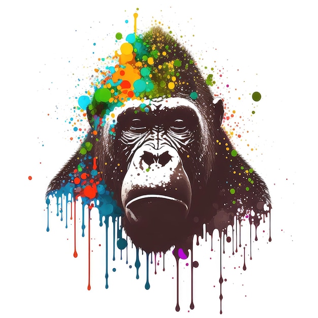 Photo dessin de visage de gorille animal artistique avec des éclaboussures colorées et des gouttelettes génératives ai