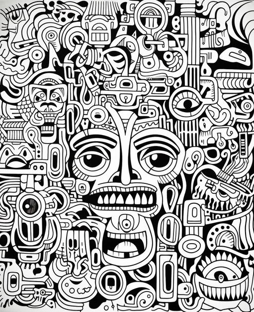 un dessin d'un visage avec de nombreux motifs différents