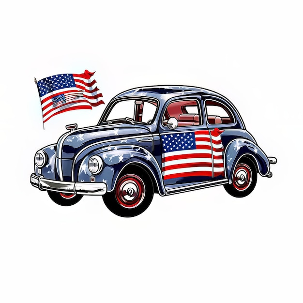 Un dessin d'une voiture avec un drapeau américain sur le dos