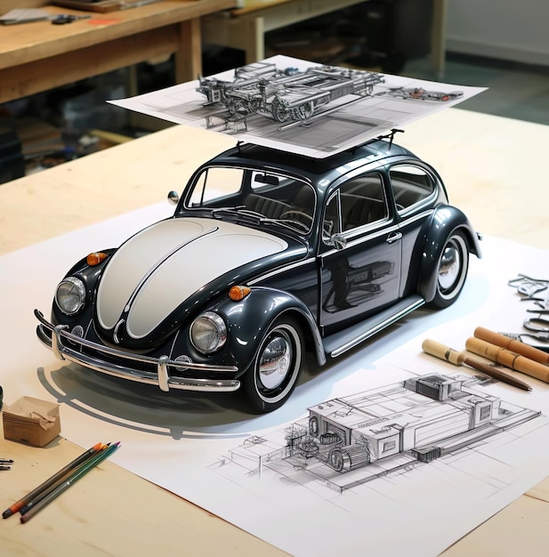 Un dessin d'une voiture avec une image d'une auto sur elle peinture d'illustration