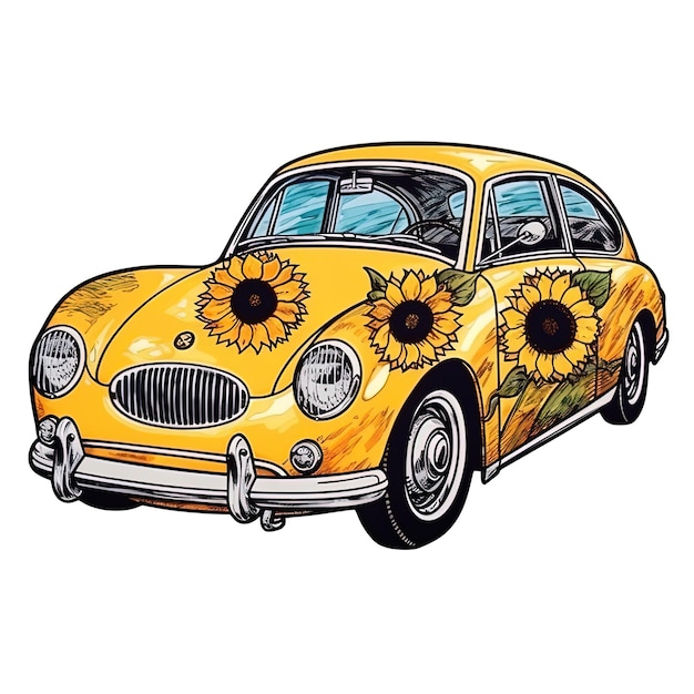 un dessin d'une voiture jaune avec des tournesols dessus