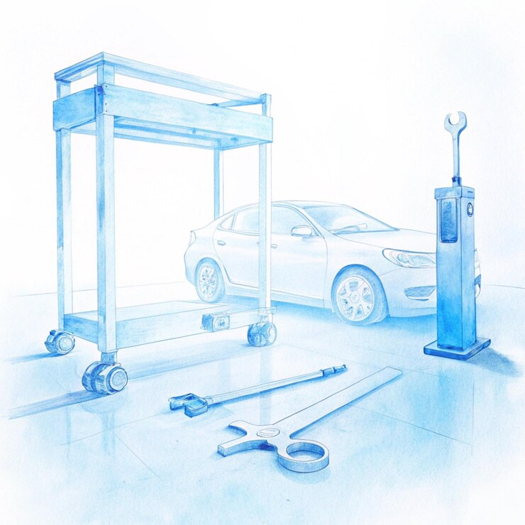 un dessin d'une voiture avec des outils et des outils dessus