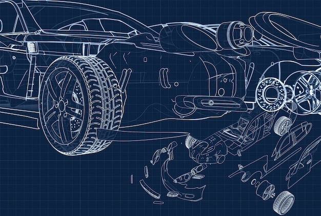 Dessin d'une voiture et de ses pièces sur un substrat millimétré bleu