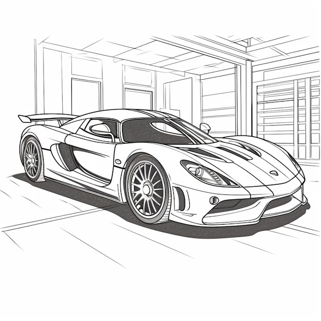 un dessin d'une voiture de sport dans un garage ai générative