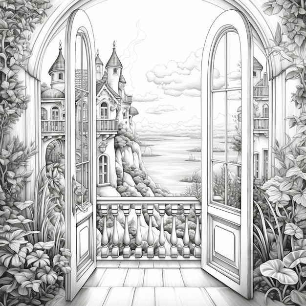 un dessin d'une vue d'un château à travers une fenêtre IA générative