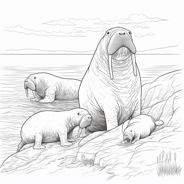 un dessin d'une waline et de ses petits sur les rochers