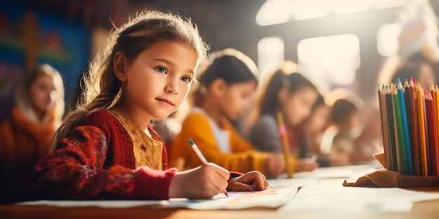 Dessinant avec des crayons de couleur une jeune fille à l'école exprime sa créativité Generative Ai