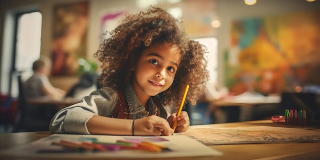 Dessinant avec des crayons de couleur une jeune fille à l'école exprime sa créativité Generative Ai