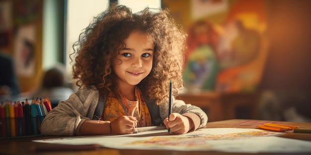 Dessinant avec des crayons de couleur une jeune fille à l'école exprime sa créativité Generative Ai