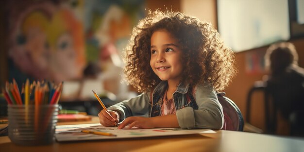 Dessinant avec des crayons de couleur une jeune fille à l'école exprime sa créativité Generative Ai