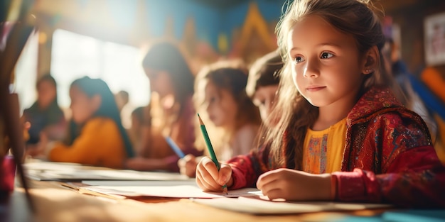 Dessinant avec des crayons de couleur une jeune fille à l'école exprime sa créativité Generative Ai