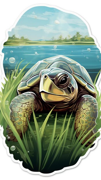 Photo une dessine d'autocollant avec une tête de tortue et de l'herbe d'eau cristalline