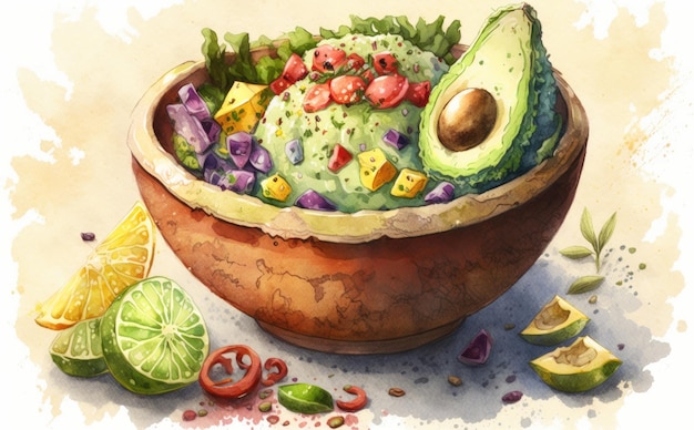 dessiné guacamole nachos aquarelle cuisine mexicaine traditionnelle aliments biologiques sains générés par ai