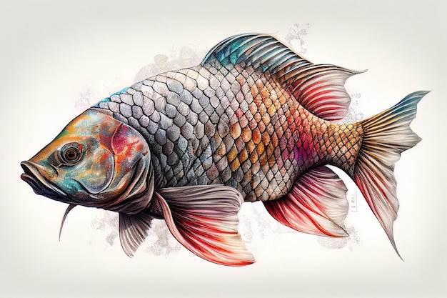 Dessiner sur un fond blanc des écailles colorées de poisson avec un crayon AI générative