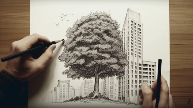 Dessiner un grand arbre avec un gratte-ciel en arrière-plan