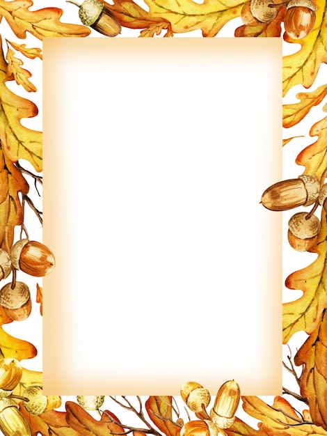 Dessiner à la main une bordure aquarelle avec des feuilles de chêne et des glands feuille d'automne de couleur jaune et orange