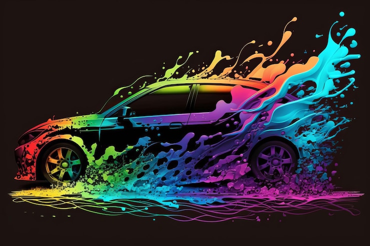 Photo dessiner le mouvement d'une silhouette de voiture dans de la peinture renversée aux couleurs vives ai générative