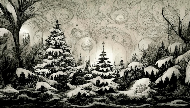 Dessiner en noir et blanc un paysage de noël avec de la neige et des arbres illustration de noël