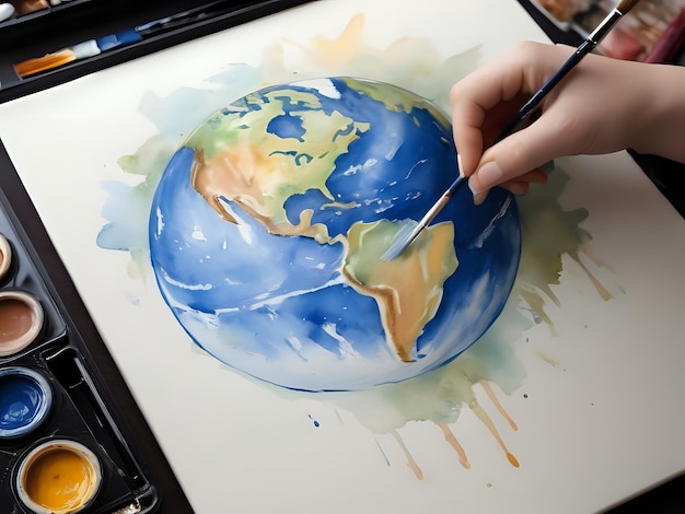 Photo dessiner la terre avec de la peinture à l'aquarelle