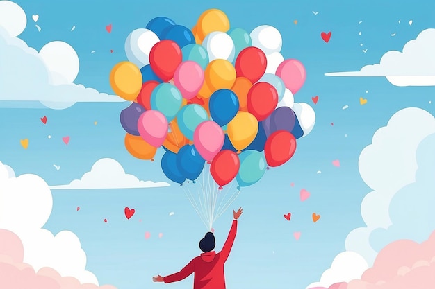 Dessinez un vecteur d'une personne libérant des ballons de self-love dans le ciel