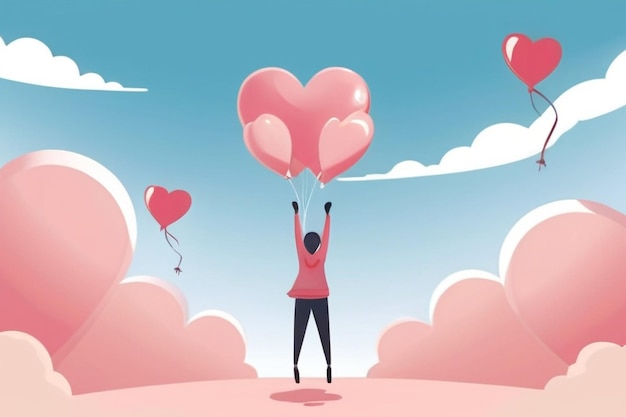 Dessinez un vecteur d'une personne libérant des ballons de self-love dans le ciel