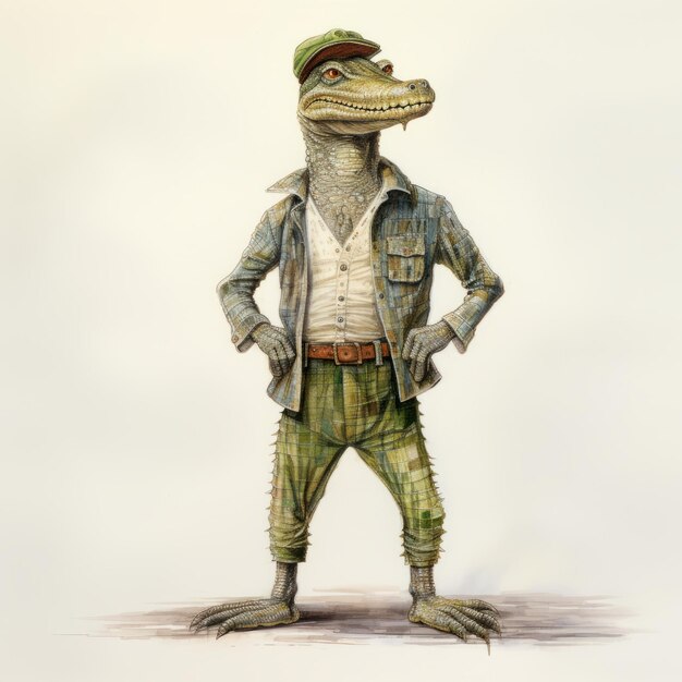Des dessins animés d'aquarelle vintage de crocodiles dans des costumes élégants
