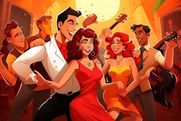 Des dessins animés, une femme et un homme heureux dansent de la salsa, de la bachata, du tango et de la rumba.