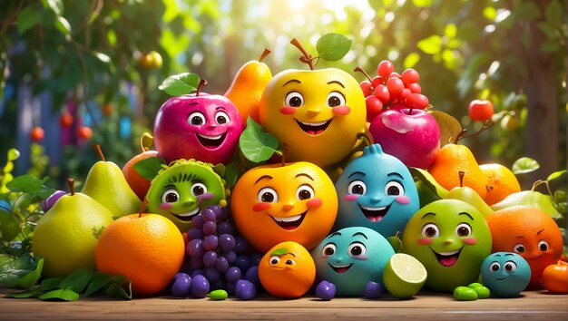 Des dessins animés mignons, des fruits heureux dans le jardin.