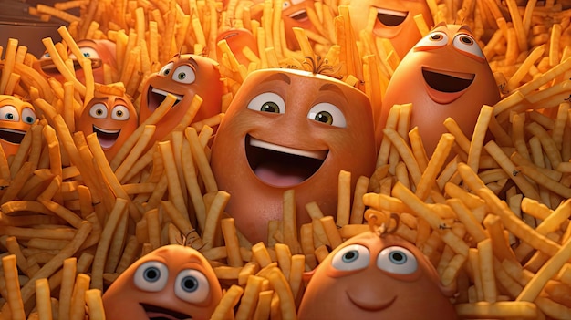 les dessins animés orange sont rassemblés en tas de frites dans le style d'un personnage ludique