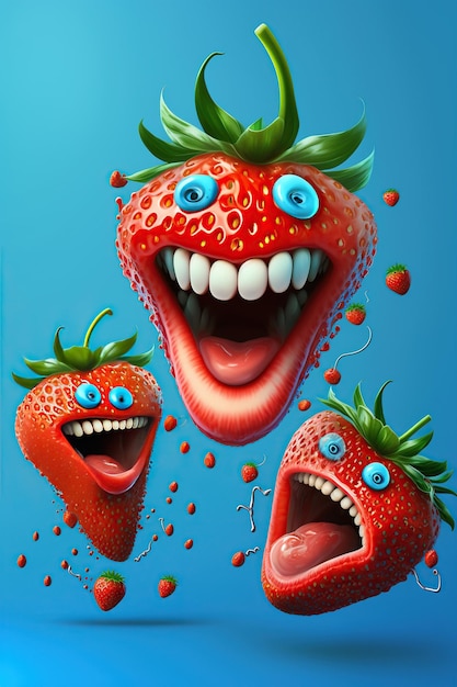 Dessins animés souriants fraises folles avec du jus liquide splash