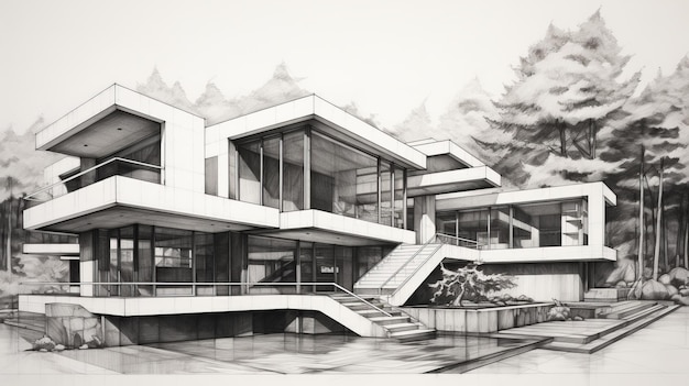 Dessins architecturaux de luxe Art de lavage à l'encre monochromatique pour les architectes contemporains